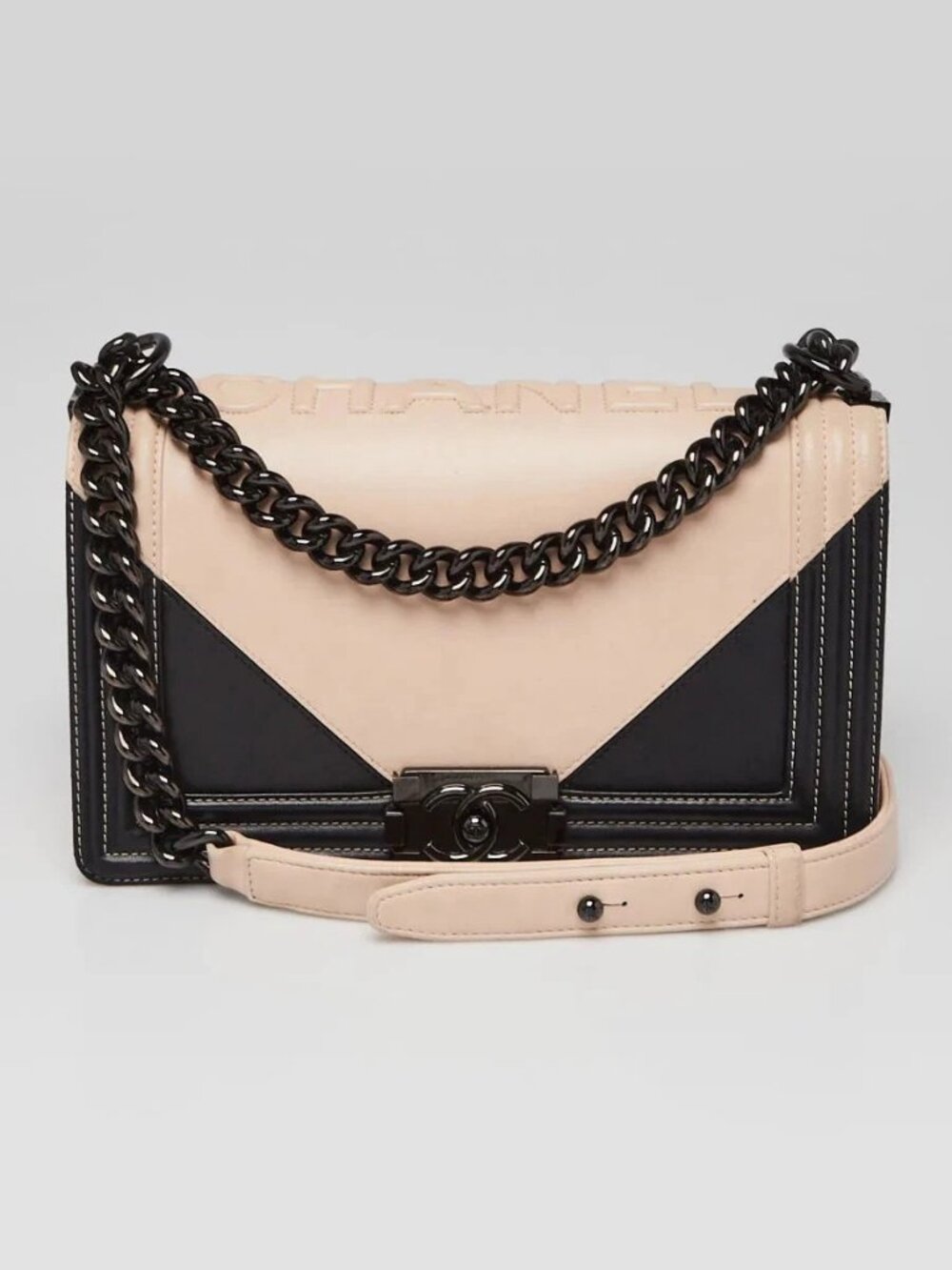 Chanel Bi-Color Beige/Black Leather Medium Boy Bag